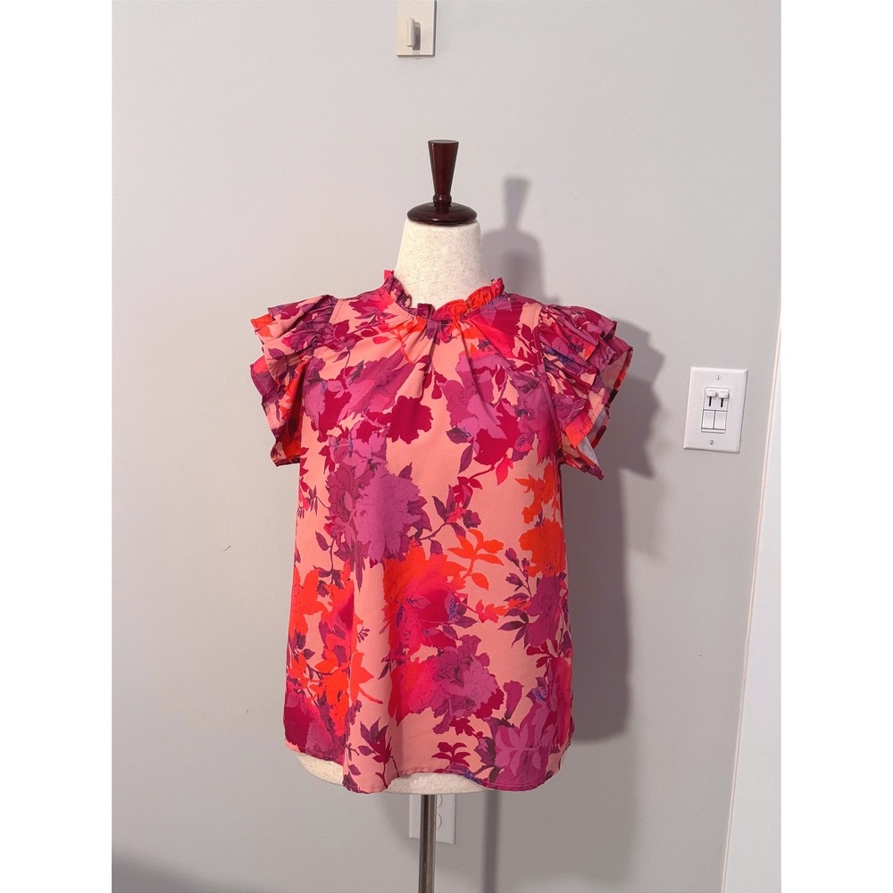 ENTRO | Floral Ruffle Sleeve Top Womens M Pink Orange Boho Blouse T18498